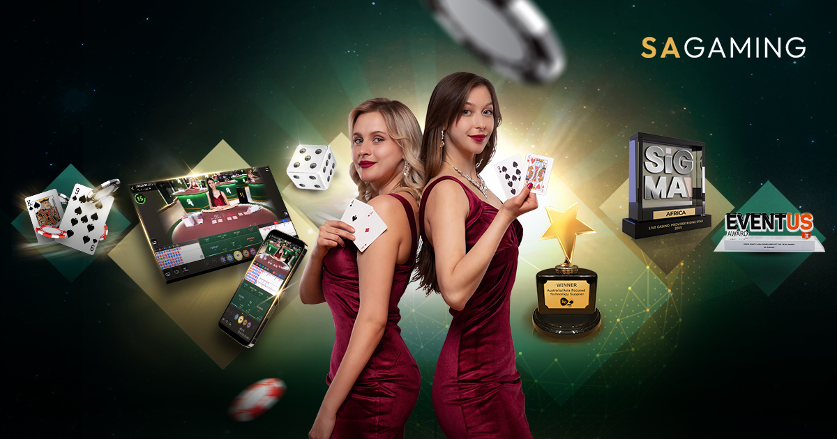 Visual showcasing an online Baccarat game interface, featuring a dealer and gaming tables, with a smartphone displaying the game. The word 'BACCARAT' is prominently featured at the bottom, along with 'PLAYER' and 'BANKER' labels.